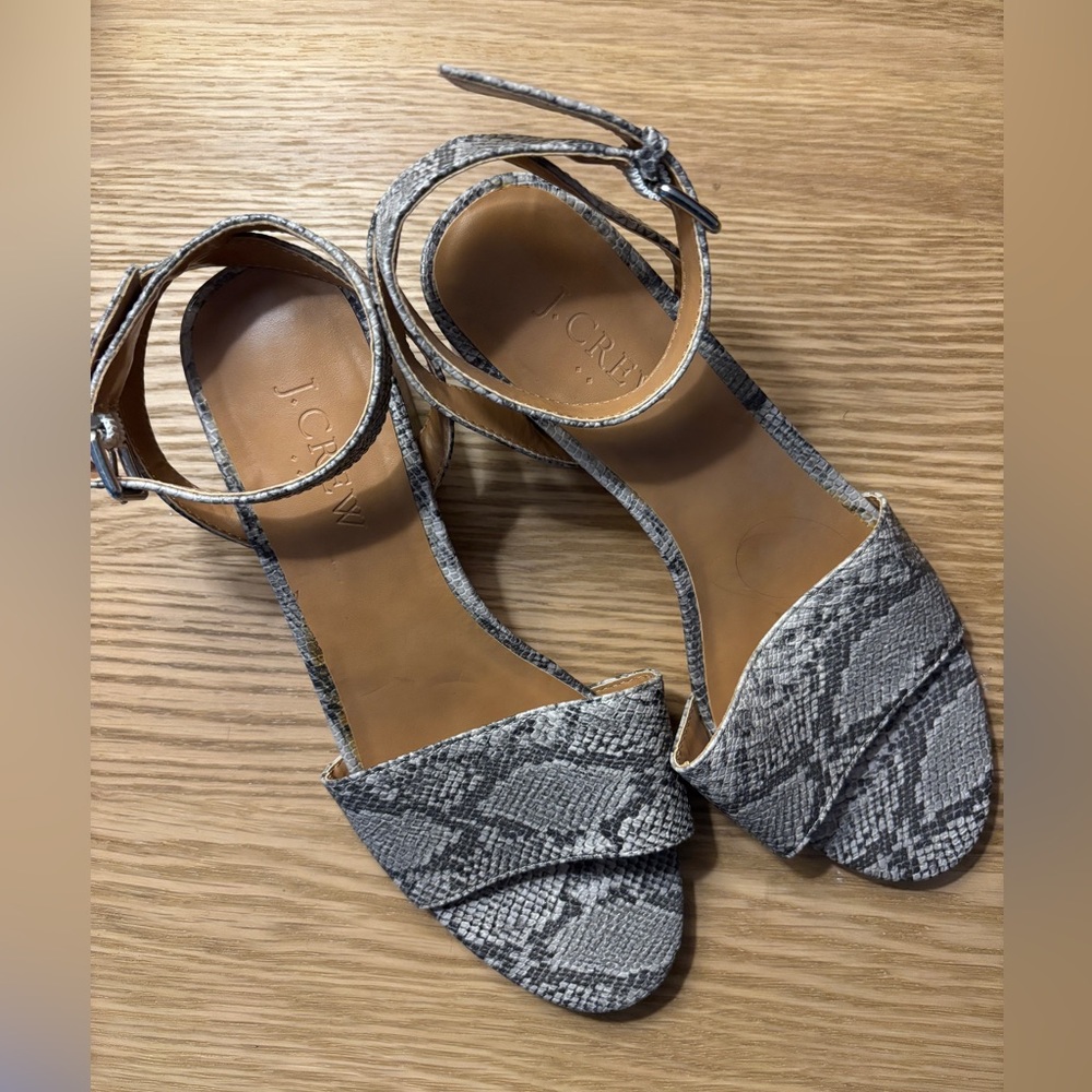 J. Crew Gray Sandals with Snake Print Ankle Strap